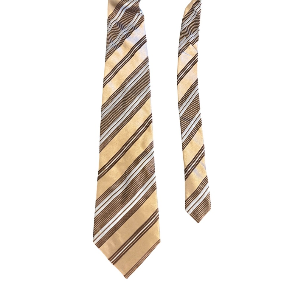 Calvin Klein | Mens Silk Tie Gold Brown Blue Striped Geometric Pattern Necktie